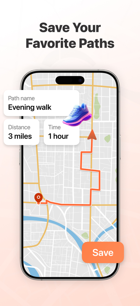 Location, Steps Tracker: Movia - Tela de um smartphone mostrando uma rota de caminhada salva em um mapa com estatísticas de distância e duração dentro do aplicativo Movia