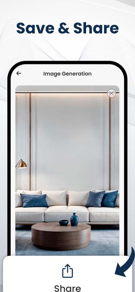 HomeGPT app interface showing an AI generated modern living room design and share button