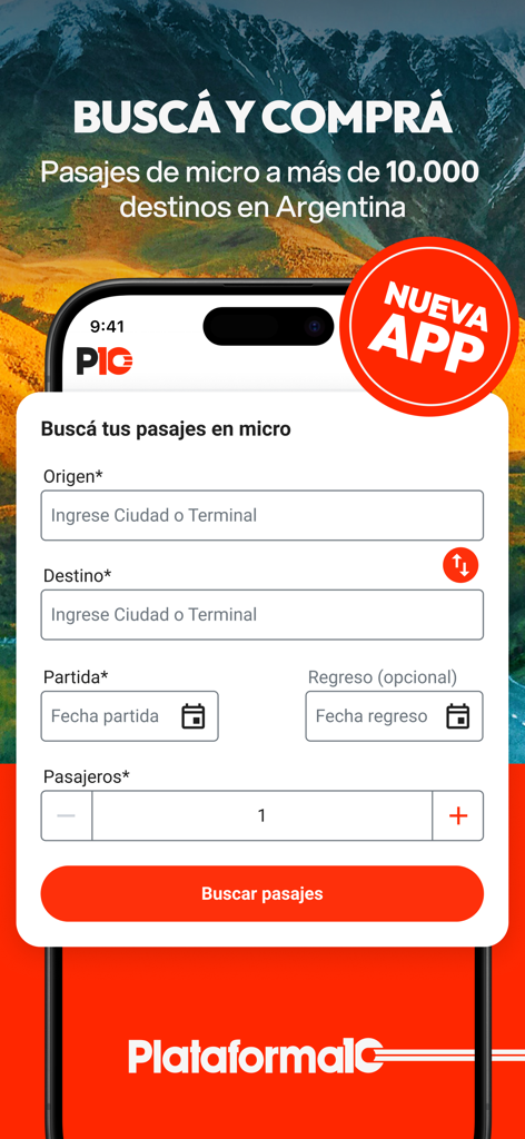 Plataforma 10 Pasajes de Micro - Search interface for bus tickets in Argentina on the Plataforma 10 app