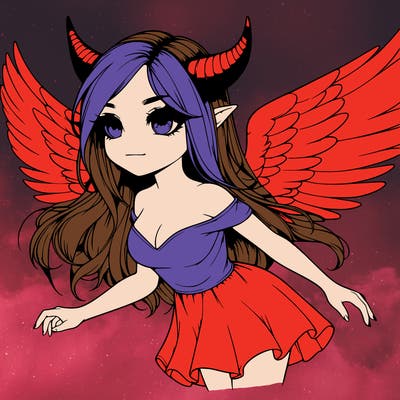 realistic girl with horns and flying with wings