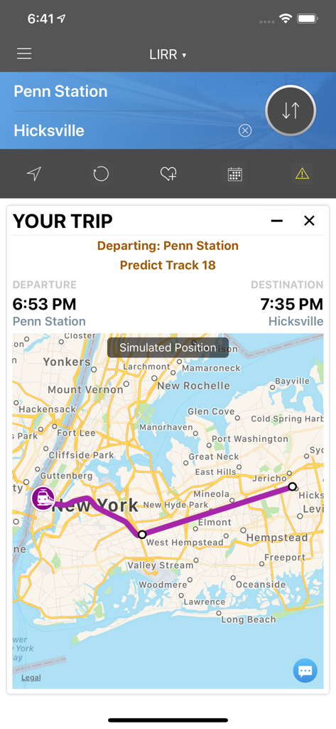 onTime LIRR app screenshot showing trip schedule from Penn Station to Hicksville with a route map and track prediction