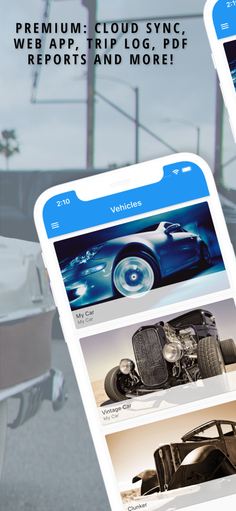 My Car app vehicles list screen showing a gallery of cars and premium feature highlights