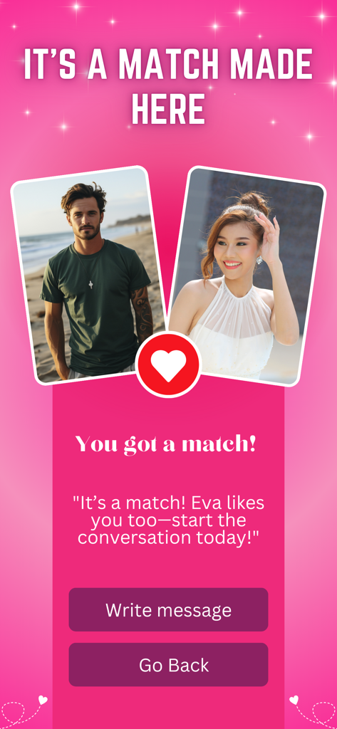 MeetChat iHappy - MeetChat iHappy app interface showing a successful match screen with profile photos of a man and a woman