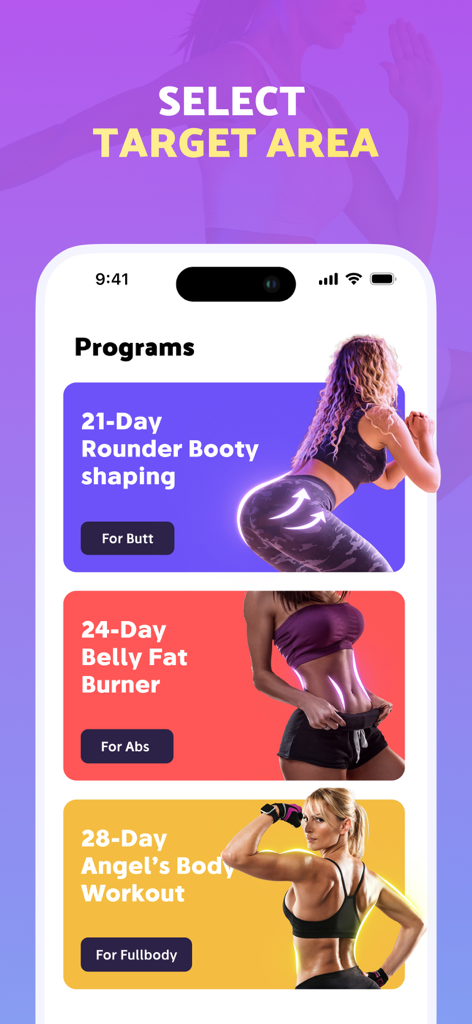 Fitease app screen showing fitness programs for target areas like booty shaping, belly fat burner, and full body workouts.