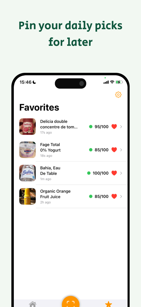 SafeEats: Food Label Scanner - A list of favorite food products with health scores and icons in the SafeEats app