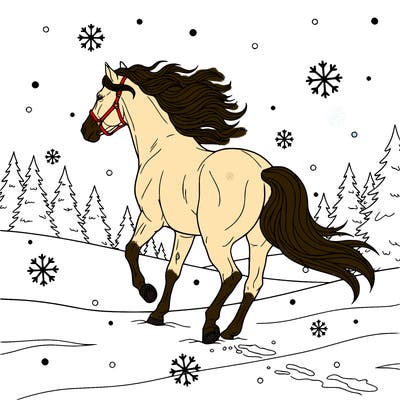 a  quarter horse trotting 
 long mane flowing neatly at his side his tail is just as long he has a halter on and it’s snowing