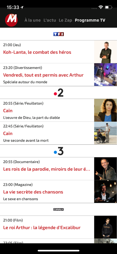 French TV program guide interface on the Morandini Blog mobile app