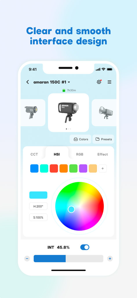 amaran - The amaran app interface showing HSI color wheel and intensity controls for professional lighting.