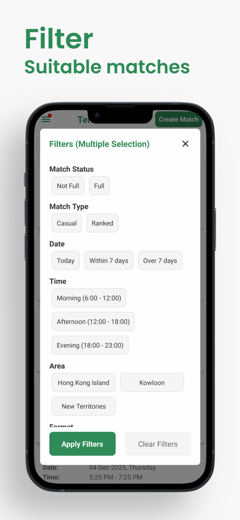 TennisGO HK - Menú de filtros en la app TennisGO HK para encontrar partidos de tenis adecuados por fecha, hora y ubicación.