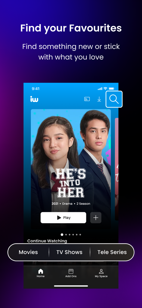 iWantTFC - Interfaz de la aplicación iWantTFC que muestra la función de búsqueda y descubrimiento con pósteres de populares series dramáticas filipinas