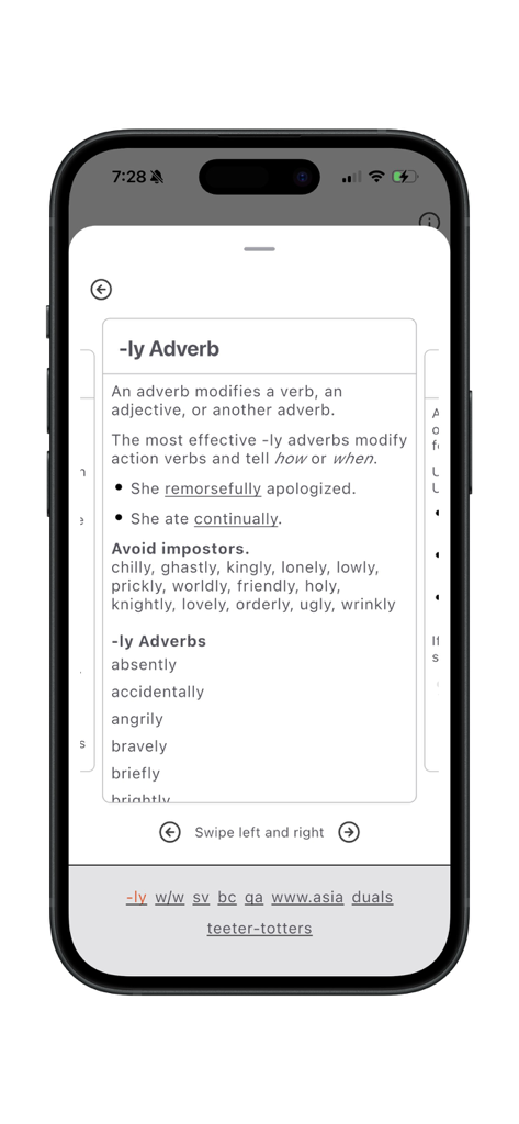 Uma tela móvel do aplicativo IEW Writing Toolbox fornecendo um guia e lista de advérbios -ly para alunos.