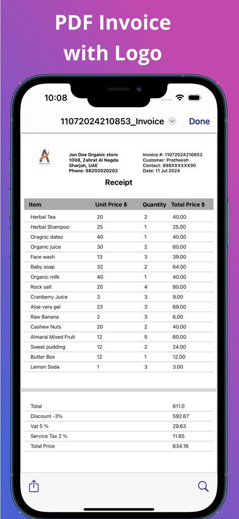 Captura de pantalla de una aplicación móvil que muestra una factura profesional en PDF con un logotipo de empresa personalizado y un recibo detallado