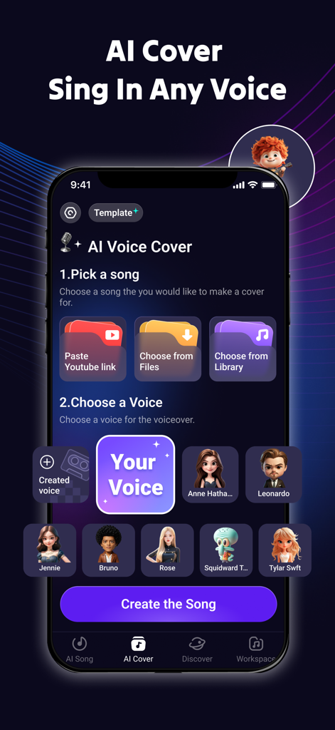 Interfaz de la aplicación Rythmix que muestra la función AI Cover donde los usuarios pueden elegir una canción y seleccionar entre varias voces de IA para crear versiones de música.