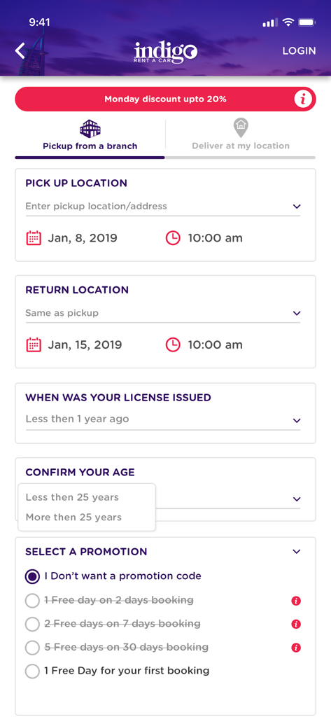 픽업 세부 정보 및 프로모션 옵션이 있는 인디고 렌터카 모바일 앱 인터페이스