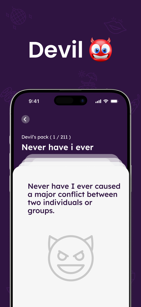 Never Have I Ever ~ Dirty Game - Pantalla del juego de fiesta Never Have I Ever mostrando una pregunta del paquete Devil