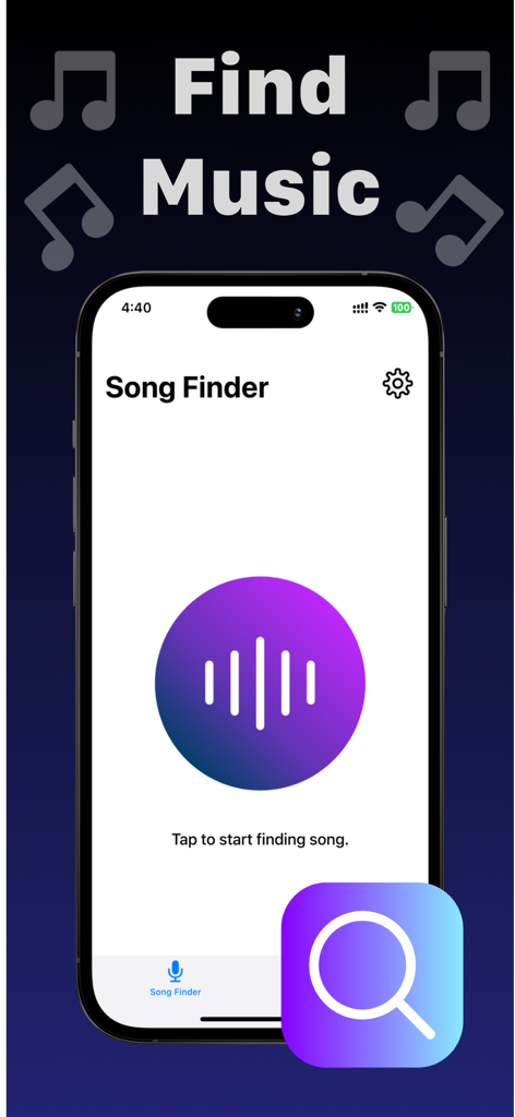 Music Identifier app main interface with tap to start finding song button