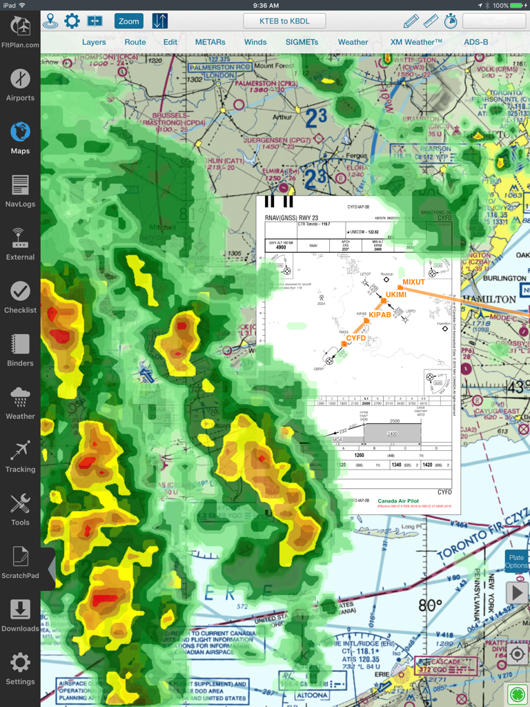 FltPlan Go - Aviation moving map in FltPlan Go with weather radar and approach plate overlay