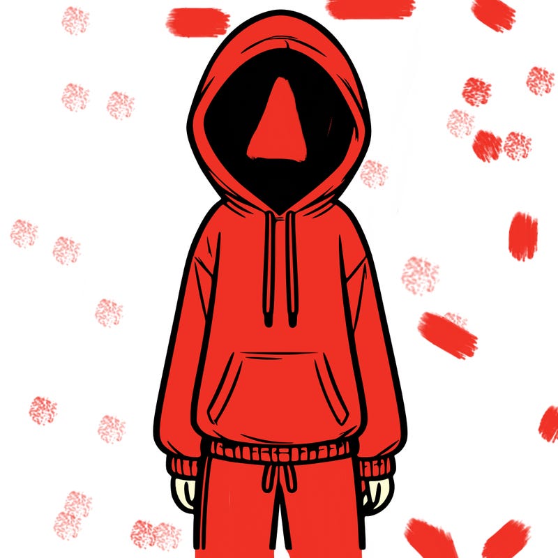 faceless girl in a tracksuit with a hood on and no hair