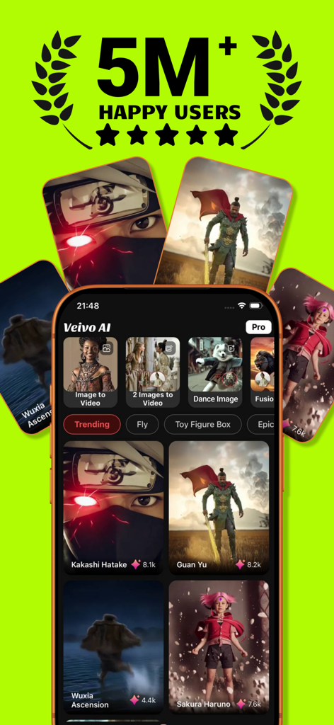 VeivoVerse: AI Video Generator - Interfaz de la aplicación generadora de vídeos de IA VeivoVerse mostrando las funciones de imagen a vídeo y fusión con un hito de 5 millones de usuarios felices.