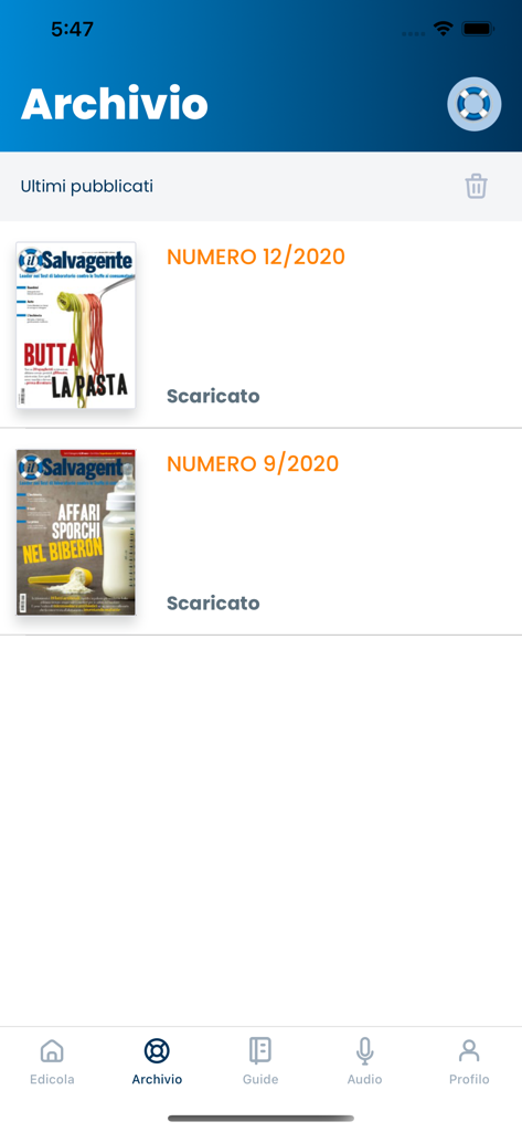 Archive screen of the il Salvagente app displaying a list of downloaded magazine issues