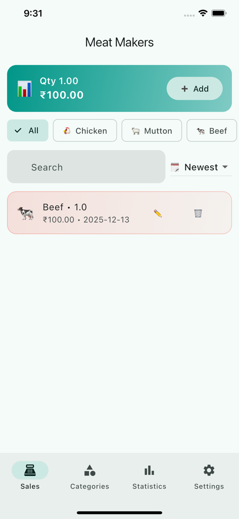 Meet Makkers - Meat Makers app interface for managing meat inventory and sales by categories