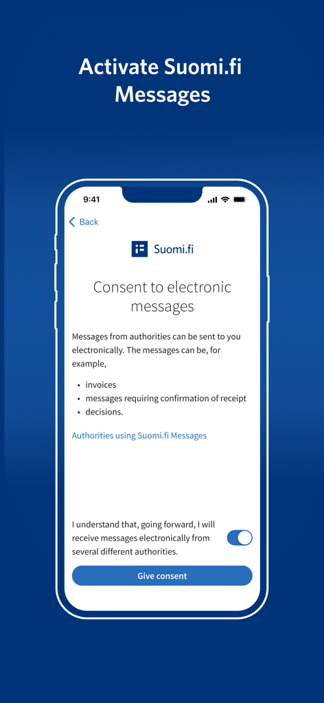 Activation screen of the Suomi.fi app where users provide consent to receive electronic messages from authorities.