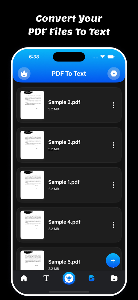 Speech To Text: Voice Notes - Interfaz de la aplicación Texto a Voz mostrando la pantalla de conversión de PDF a texto con una lista de archivos