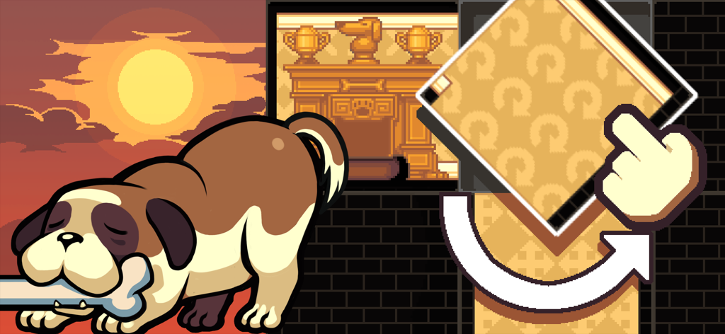 Pixel art illustration showing a sleeping dog and the room rotation mechanic in the game In The Dog House.