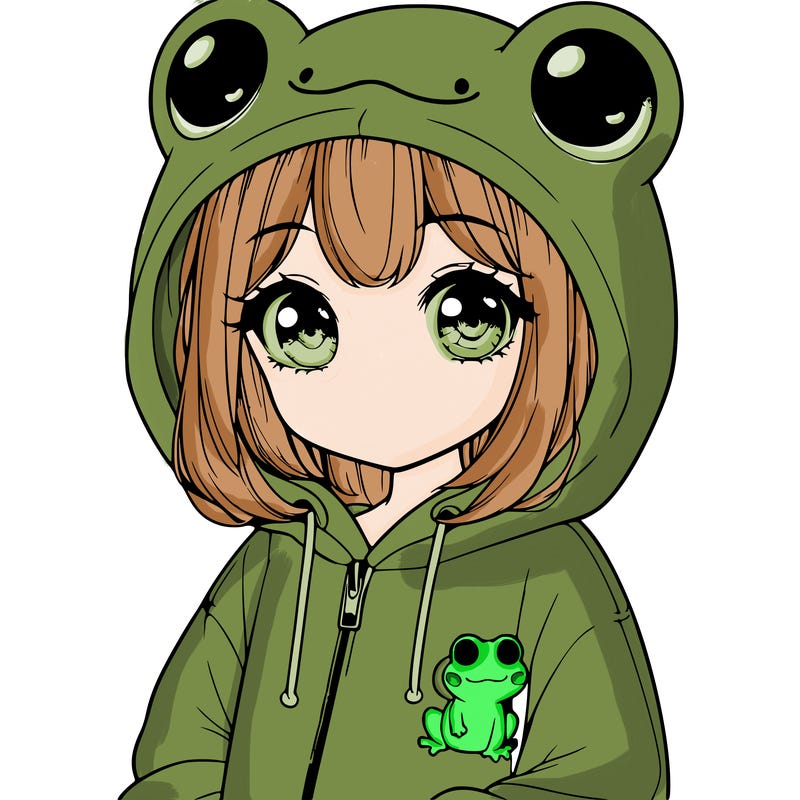 cute realistic girl in a froggy hoodie