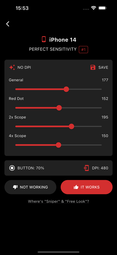 Only Red Settings app interface showing recommended game sensitivity sliders and DPI for iPhone 14