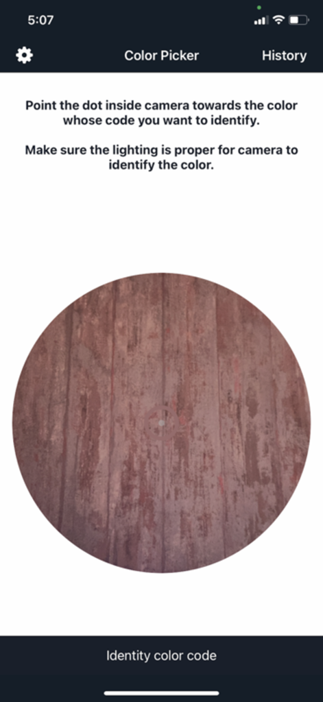 Color Picker App - Camera interface of Color Picker app for identifying real world colors