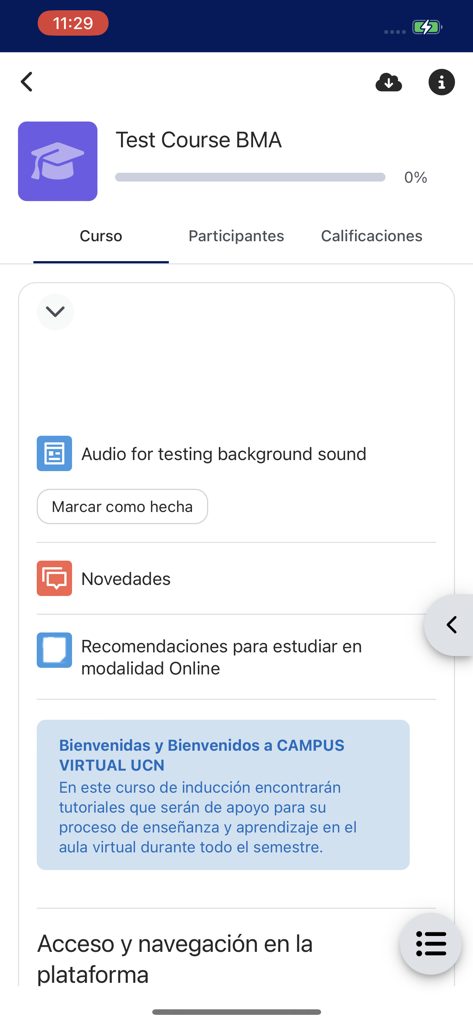 Vista móvil de la aplicación Campus Virtual UCN que muestra una interfaz de curso con pestañas de navegación para participantes y calificaciones.