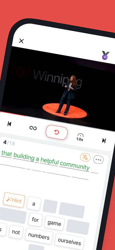 RedKiwi app screenshot showing an English listening exercise with a TED Talk video and interactive word tiles for sentence building.