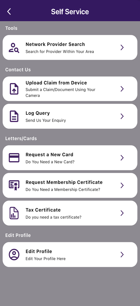 Self service dashboard of the Healthguard International app featuring claim uploads and membership document requests