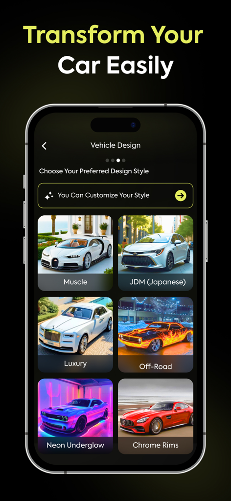 AI Car Designer Modify Style - AI Car Designer mobile app interface showing car modification options including Muscle JDM and Neon Underglow styles