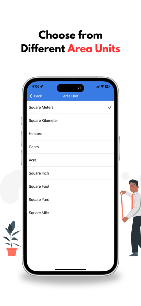 GPS Land Measurement & Survey - A smartphone screen displaying a list of various area measurement units like acres hectares and square feet in the Mapulator app