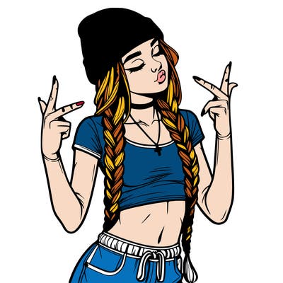 realistic teenage girl with braids and a beanie and crop top doing 🫶🏼