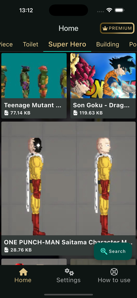 HD Melmods Sandbox Mod - HD Melmods app interface showing superhero character mods like Saitama and Goku