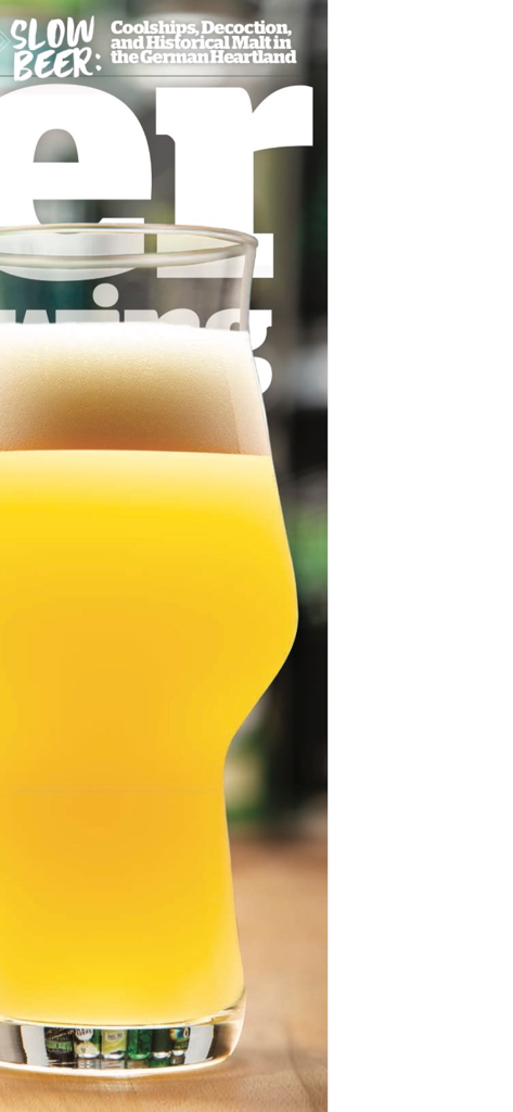A glass of hazy craft beer with foam and text about German brewing techniques