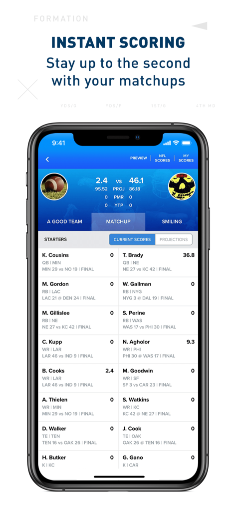 CBS Sports Fantasy - CBS Sports Fantasy app screenshot showing live football matchup scores and player projections