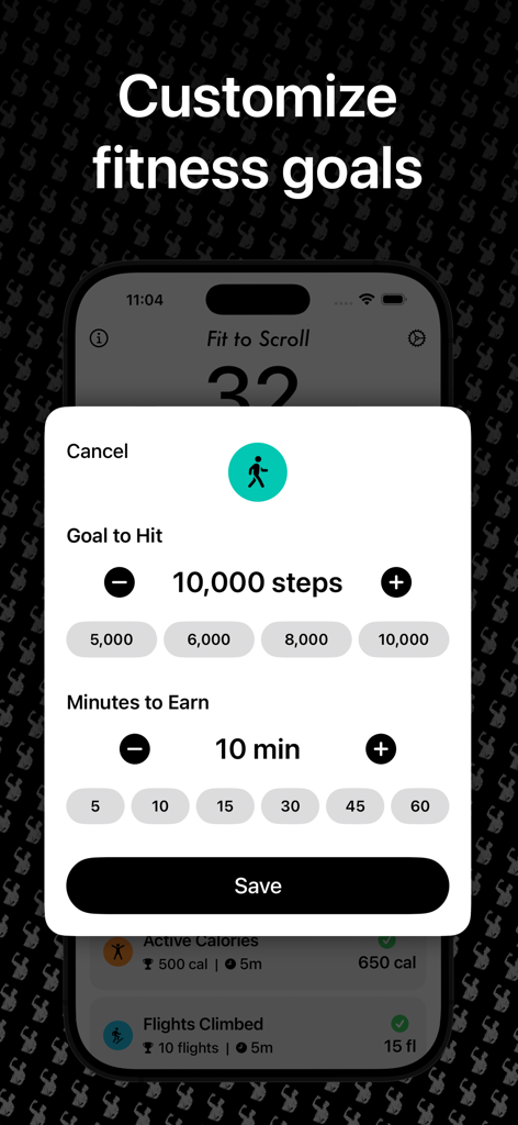 Interface pour personnaliser les objectifs de remise en forme quotidiens et gagner des récompenses de temps d'écran basées sur le nombre de pas.