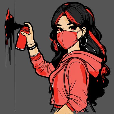 realistic girl with mask spray painting a wall