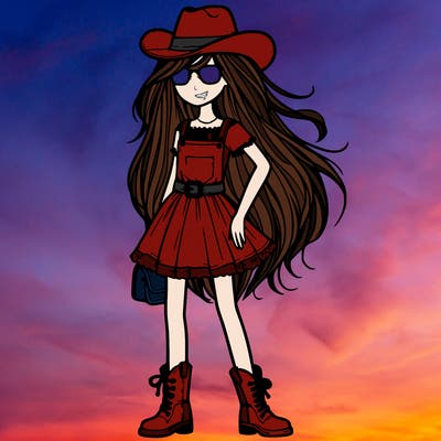 teenage girl with straight hair, a cowboy hat, a dress, boots, glasses on her hat