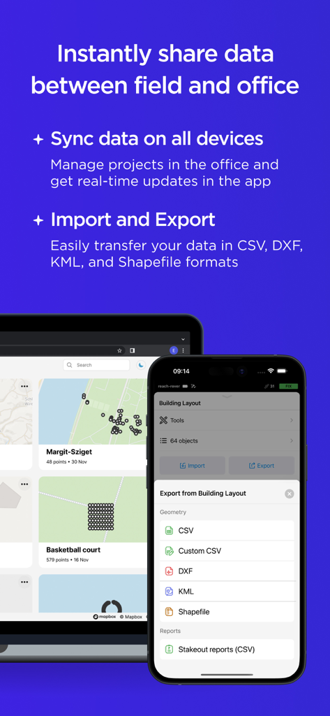 Emlid Flow app interface showing field to office data synchronization and export options for CSV DXF and Shapefile formats