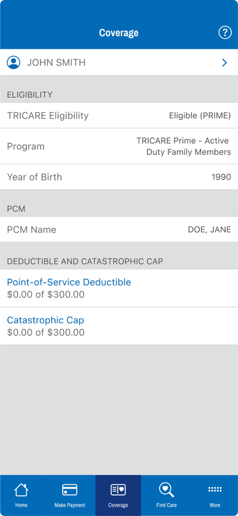 TRICARE East mobile app coverage screen showing eligibility, primary care manager, and catastrophic cap status