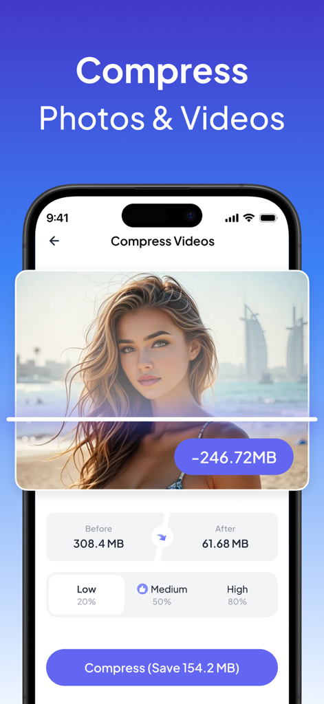 AI Cleaner Guru: Photo Cleaner - Interfaz de la aplicación AI Cleaner Guru que muestra la función de compresión de fotos y videos para ahorrar espacio en el teléfono.