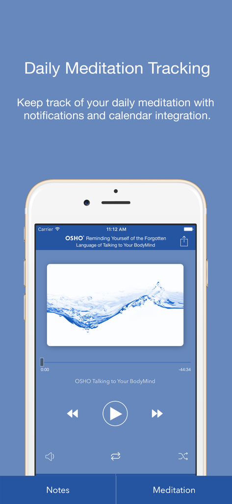 Osho Talking To Your BodyMind - Osho Talking To Your BodyMind app showing a meditation audio player and daily tracking features