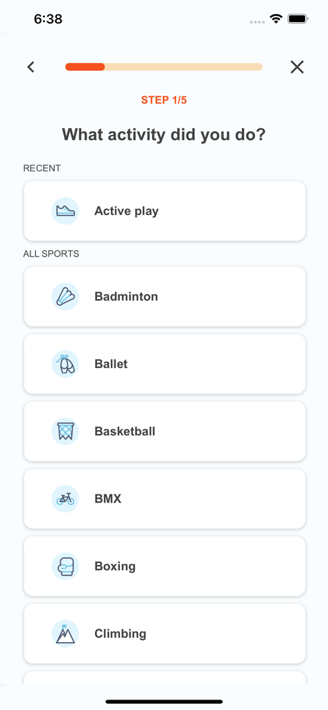 miMove - Eine mobile Oberfläche für die miMove-App, die eine Liste von auszuwählenden körperlichen Aktivitäten zeigt, einschließlich Basketball, Ballett und Klettern