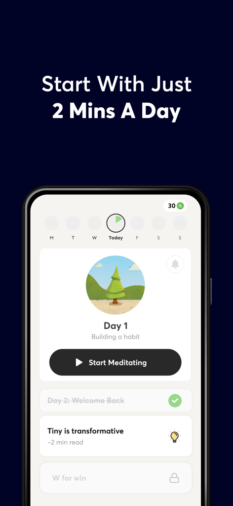 Atom: Meditation for Beginners - Smartphone screen showing the Atom meditation app interface with a two minute daily meditation goal