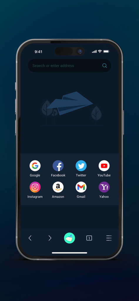 Interface de Swift Browser-proxy avec une barre de recherche et des raccourcis vers des sites Web comme Google, Facebook et YouTube sur fond sombre
